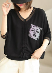 Loose Black V Neck Zircon Silk Cotton T Shirt Batwing Sleeve