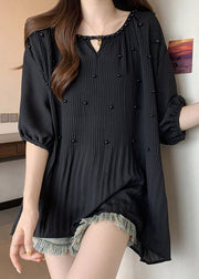 Loose Black Wrinkled Nail Bead Chiffon Shirts Half Sleeve