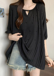 Loose Black Wrinkled Nail Bead Chiffon Shirts Half Sleeve