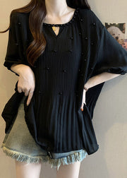 Loose Black Wrinkled Nail Bead Chiffon Shirts Half Sleeve