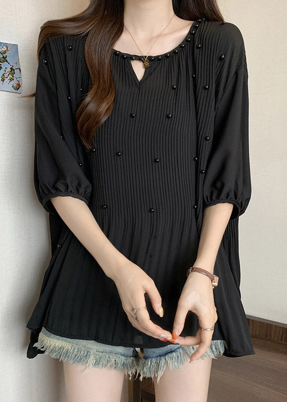 Loose Black Wrinkled Nail Bead Chiffon Shirts Half Sleeve