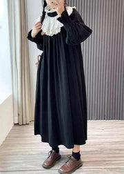 Loose Black Wrinkled Pockets Cotton Dress Long Sleeve