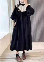 Loose Black Wrinkled Pockets Cotton Dress Long Sleeve