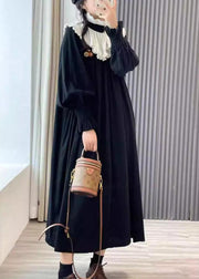 Loose Black Wrinkled Pockets Cotton Dress Long Sleeve