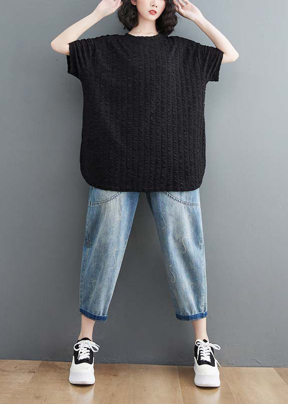 Loose Black Wrinkled Side Open Cotton T Shirt Top Summer