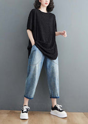 Loose Black Wrinkled Side Open Cotton T Shirt Top Summer