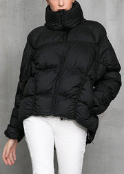 Loose Black Zip Up Drawstring Pockets Duck Down Coat Winter