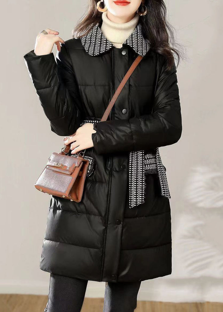 Loose Black Zip Up Tie Waist Patchwork Cotton Filled Coat Winter