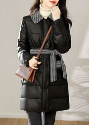 Loose Black Zip Up Tie Waist Patchwork Cotton Filled Coat Winter