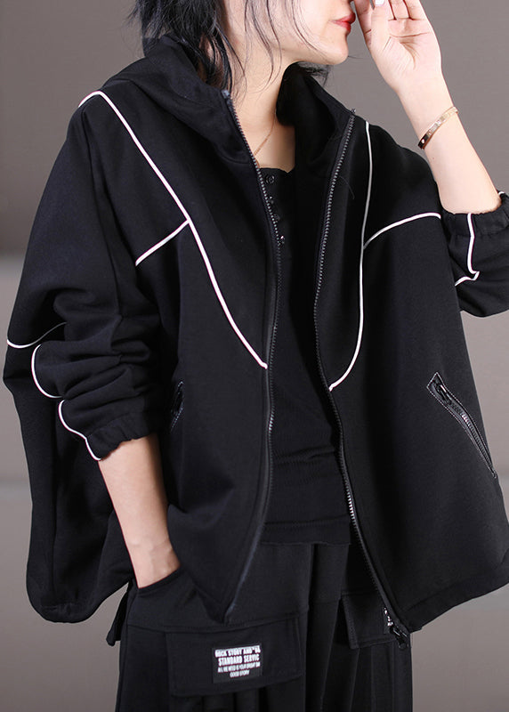 Loose Black Zippered Patchwork Pockets Cotton Hooded Coat Long Sleeve