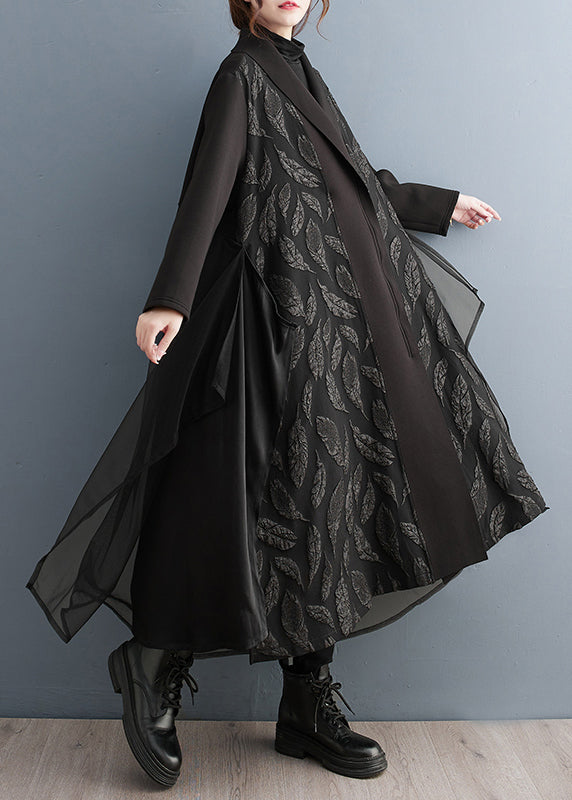 Loose Black Zippered Print Tulle Patchwork Long Trench Coat Fall