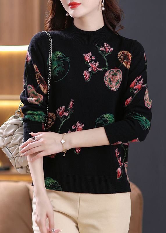 Loose Black Zircon Print Wool Knit Sweaters Spring