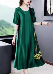 Loose Blackish Green O Neck Print Silk Long Dress Summer