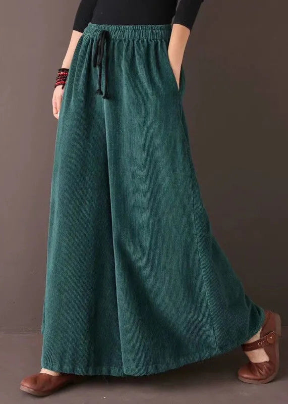 Loose Blackish Green Pockets Patchwork Corduroy Wide Leg Pants Fall