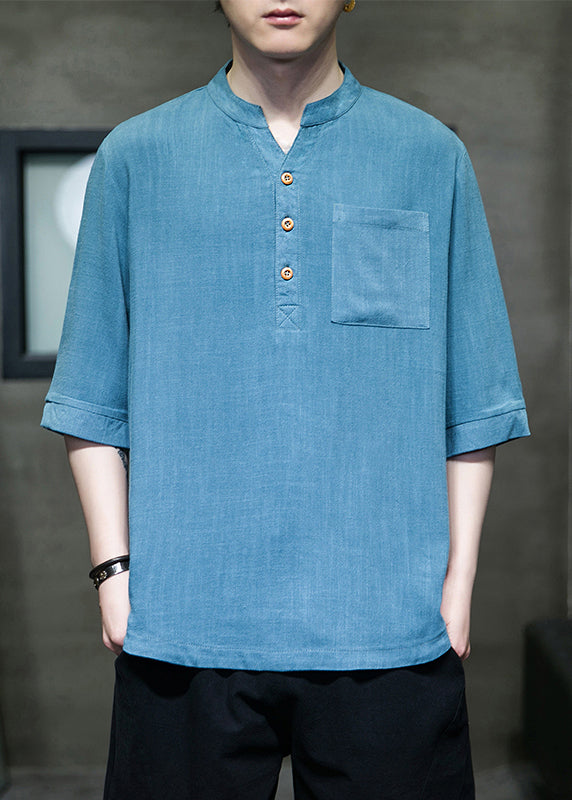 Loose Blue Button Pockets Linen Mens Tshirt Summer