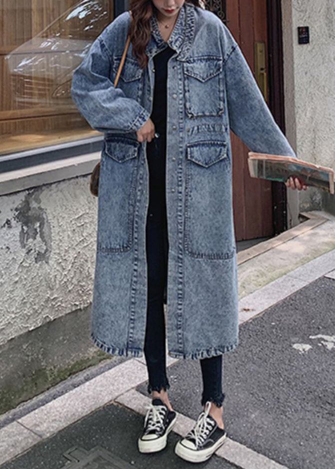 Loose Blue Button Pockets Patchwork Denim Long Trench Coats Fall