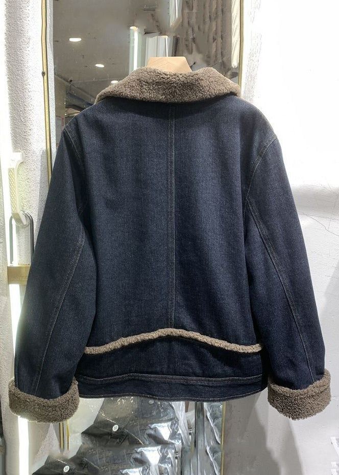 Loose Blue Button Pockets Patchwork Fleece Coat Long Sleeve