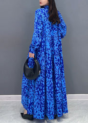 Loose Blue Button Print Patchwork Cotton Shirts Dresses Fall