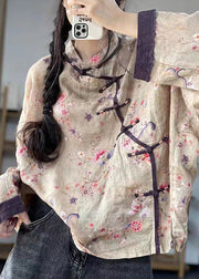 Loose Blue Button Print Patchwork Cotton Shirts Long Sleeve