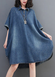 Loose Blue-little flower Button Side Open Maxi Denim Dress Summer