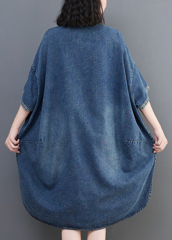 Loose Blue-sunflower Button Side Open Maxi Denim Dress Summer