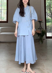 Loose Blue Button Solid Cotton Two Pieces Set Half Sleeve