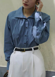 Loose Blue Button Wrinkled Patchwork Cotton Shirt Long Sleeve