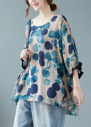 Loose Blue Dotted Batwing Sleeve Cotton Linen Tee - bagstylebliss