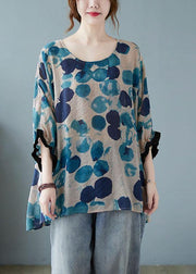 Loose Blue Dotted Batwing Sleeve Cotton Linen Tee - bagstylebliss