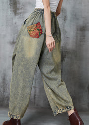 Loose Blue Elastic Waist Patchwork Applique Denim Pants Spring