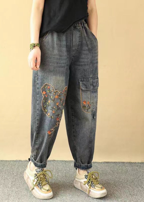 Loose Blue Embroidered Pockets Elastic Waist Denim Pants Spring