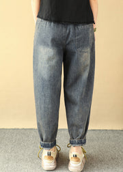 Loose Blue Embroidered Pockets Elastic Waist Denim Pants Spring