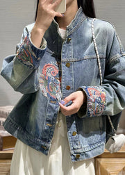 Loose Blue Embroidered Button Patchwork Denim Coat Fall