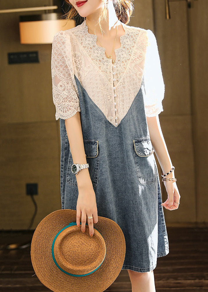 Loose Blue Embroideried Lace Patchwork Dress Half Sleeve