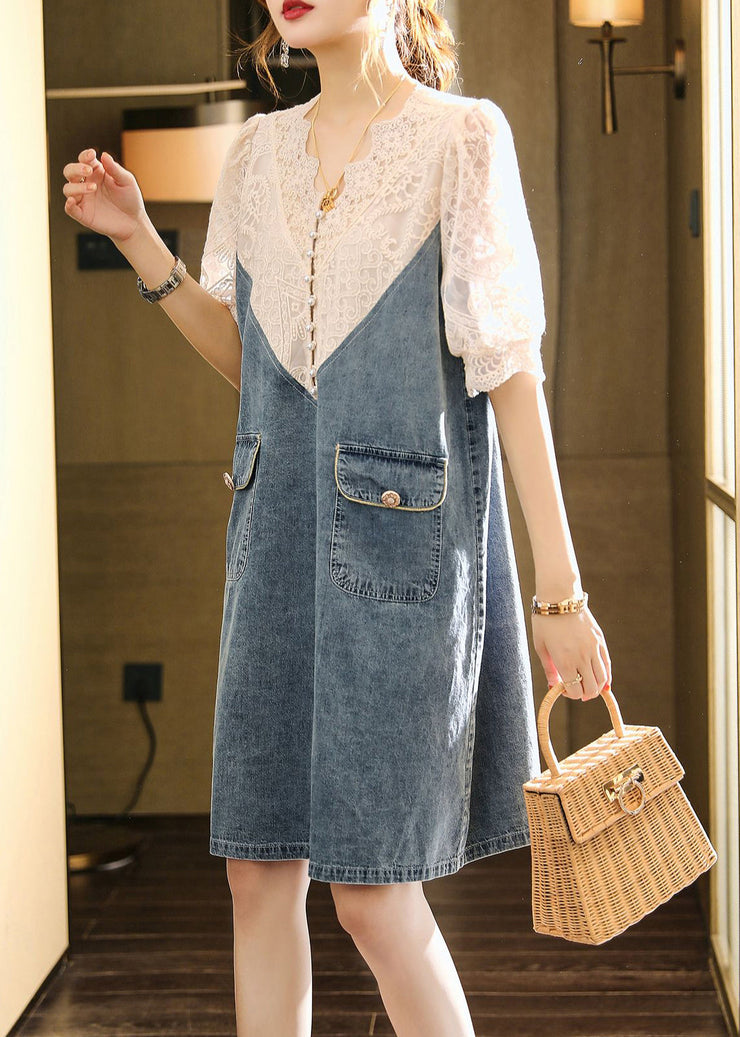 Loose Blue Embroideried Lace Patchwork Dress Half Sleeve