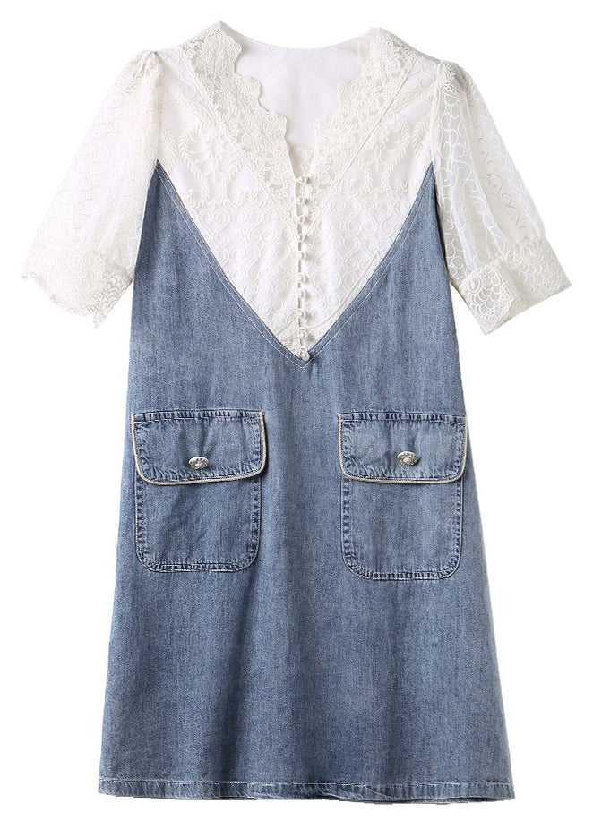 Loose Blue Embroideried Lace Patchwork Dress Half Sleeve