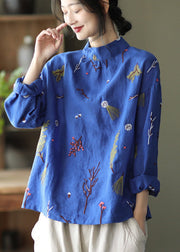 Loose Blue Embroideried Linen Shirt Long Sleeve