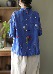 Loose Blue Embroideried Linen Shirt Long Sleeve