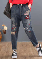 Loose Blue Embroideried Patchwork Elastic Waist Denim Pants Spring