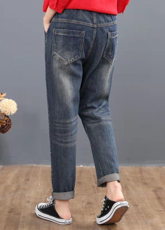 Loose Blue Embroideried Patchwork Elastic Waist Denim Pants Spring