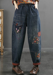 Loose Blue Embroidered Pockets Elastic Waist Jeans Fall