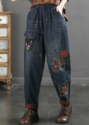 Loose Blue Embroidered Pockets Elastic Waist Jeans Fall