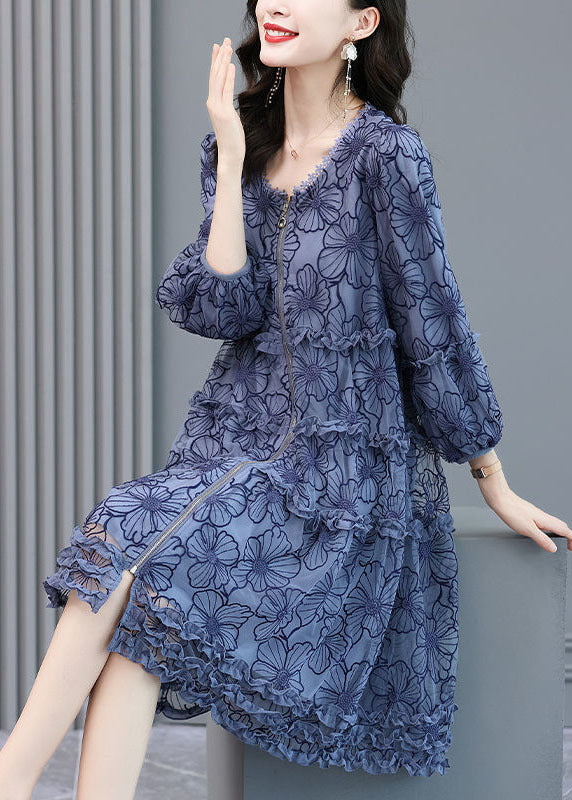 Loose Blue Embroideried Ruffled Zippered Silk Dresses Long Sleeve