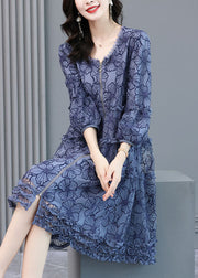 Loose Blue Embroideried Ruffled Zippered Silk Dresses Long Sleeve