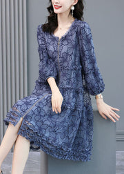 Loose Blue Embroideried Ruffled Zippered Silk Dresses Long Sleeve