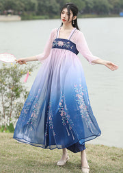 Loose Blue Embroideried Wrinkled Patchwork Chiffon Long Dresses Summer