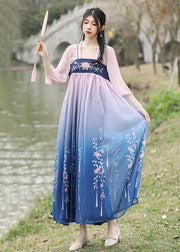 Loose Blue Embroideried Wrinkled Patchwork Chiffon Long Dresses Summer