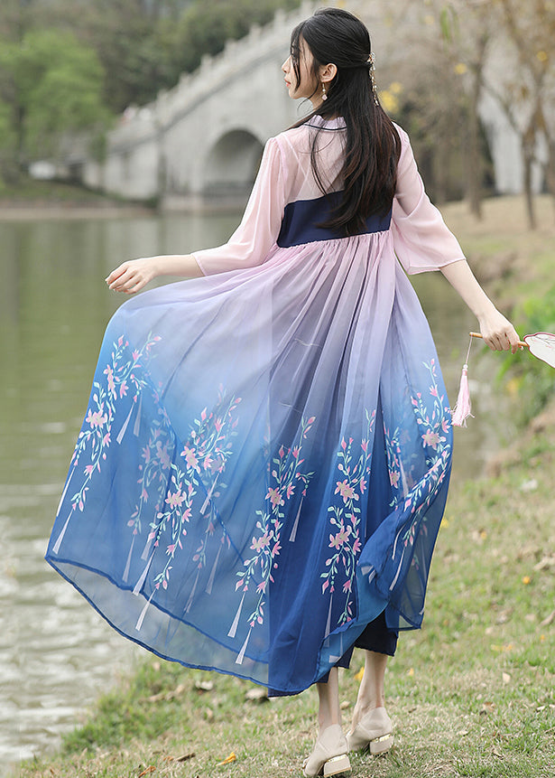 Loose Blue Embroideried Wrinkled Patchwork Chiffon Long Dresses Summer