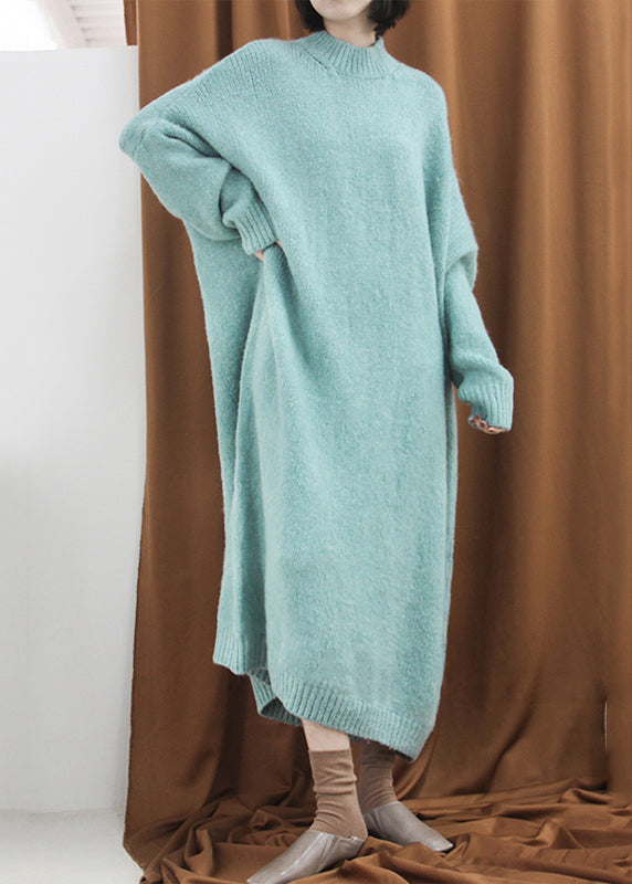 Loose Blue Green Turtleneck Cozy Cotton Knit Long Dress Fall