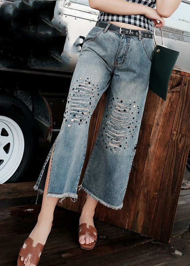 Loose Blue High Waist Sequins Patchwork Crop Ripped Jeans